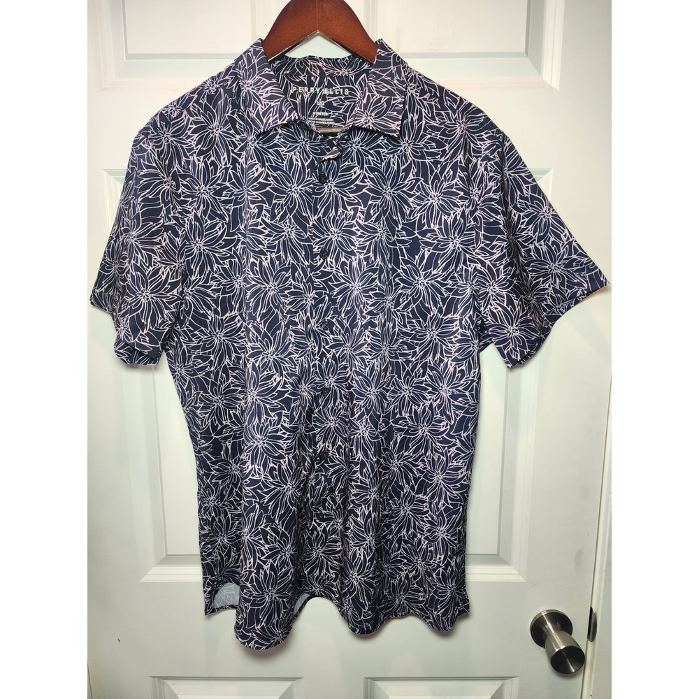 Perry Ellis Mens Large Navy White Floral Stretch Short Sleeve Button Up Shirt